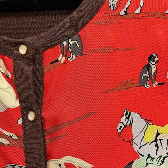 J. McLaughlin Brown Red Equine Print Button Up Long Sleeve Cardigan Womens XS - Picture 3 of 6